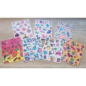 7 Vintage 1989 Lisa Frank Stickers Flamingo Bear Scottie Dog Beach Unicorn Food
